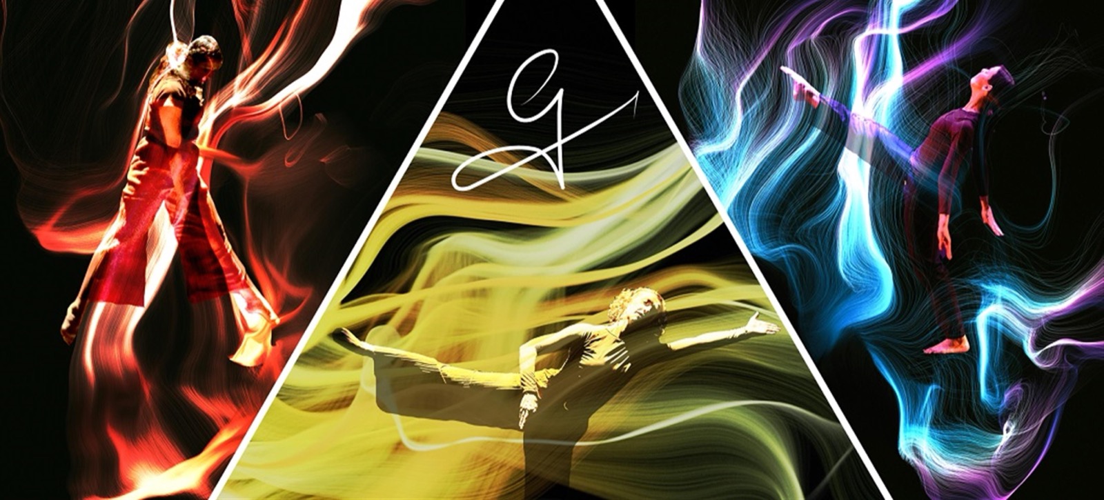 Three dancers photographed against black, each wrapped in swirling ribbons of red, gold, and blue light.